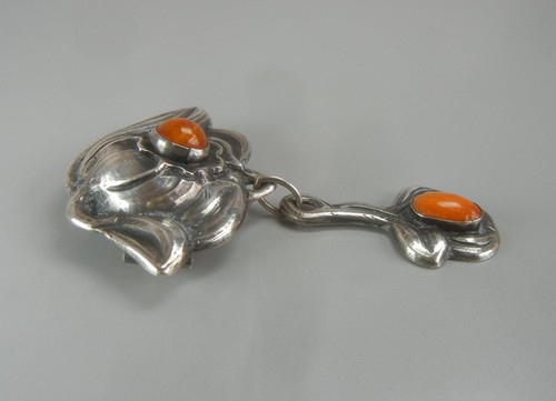 Art Nouveau Brooch 830 Silver Butterscotch Amber Evald Nielsen Denmark Antique - Picture 3 of 7