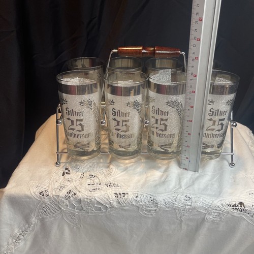 Vintage 25th Anniversary Silver Decorated Glass Set of 8 With Caddy 6.5 inches - Picture 2 of 9