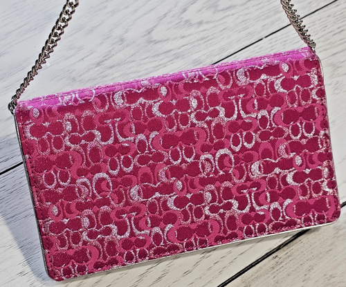 COACH Raspberry Leather Crossbody Silver Chain Ref 41444 OP ART ICC Lurex Jacq - Picture 3 of 20