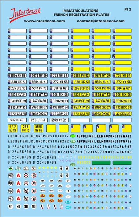 Plaques immatriculations francais 2 1/43 Décalcomanies 120x80mm INTERDECAL