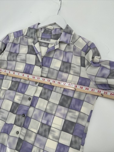 Vintage 90s Blouse Womens Large Purple White Button Up Check Print Retro Casual - Picture 11 of 13
