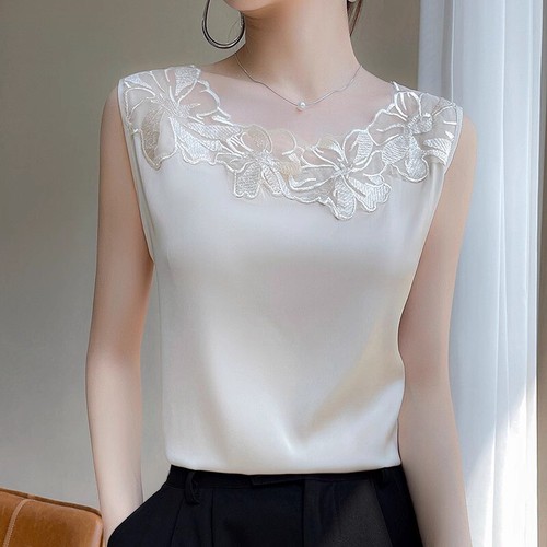 Damen elegante seidige Satinweste Spitze Blumenmuster Unterhemd Riemen Top Büroweste Sommer - Bild 3 von 21