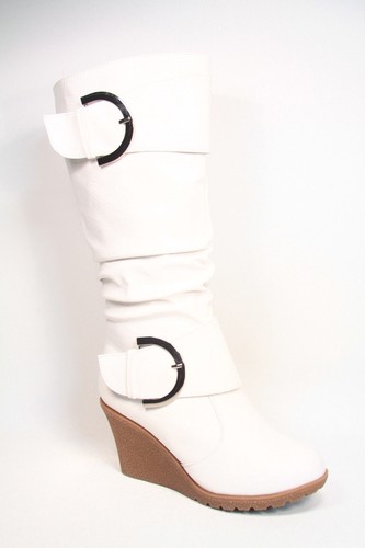 Women's Faux Leather Suede Round Toe Slouchy Knee High Wedge Boots Size 5 -10 - Picture 19 of 25