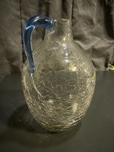 Blenko Crackle Glass Pitcher Vase Applied Blue Handle 8x5 - Picture 19 of 24