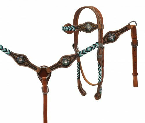 Superposición de cuentas y Iridiscente Cristal Conchos pecho collar conjunto nuevo cabezada & Superposición de cuentas y Iridiscente Cristal Conchos pecho collar conjunto nuevo cabezada &