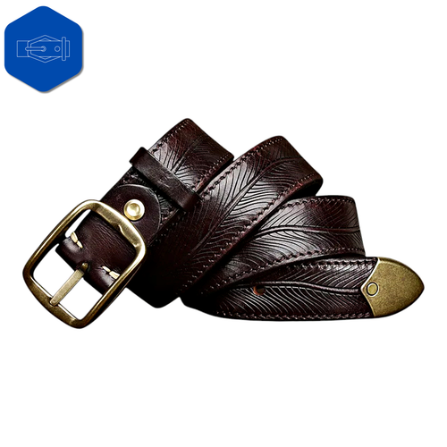 GENUINE LEATHER Textured Leaf Pattern Waist Mens Luxury Dark Brown Thick Belt - Foto 3 di 5