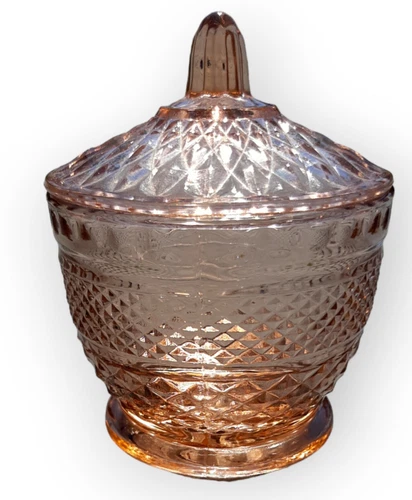 Anchor Hocking Depression Glass Mayfair Open Rose Pink Candy Dish & Lid
