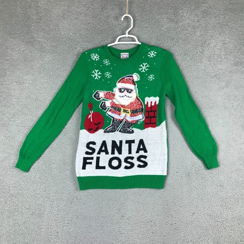Well Worn Holiday Sweater Kids Sants Floss Ugly Christmas Long Sleeve Green L - Picture 1 of 8