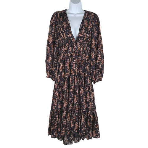 Ulla Johnson Joan Midikleid Größe 2 gerafft Blumen Langarm DR-1707