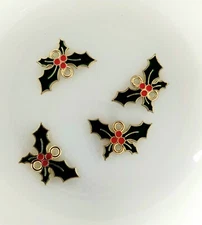 4 Enamel Christmas Charms Gold Pendants Findings Holly Connector Links Mistletoe