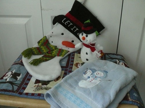 Snowman Set - Table Runner, Stocking, Towel, and Ty "Snowball" - Used Items  - Picture 1 of 10