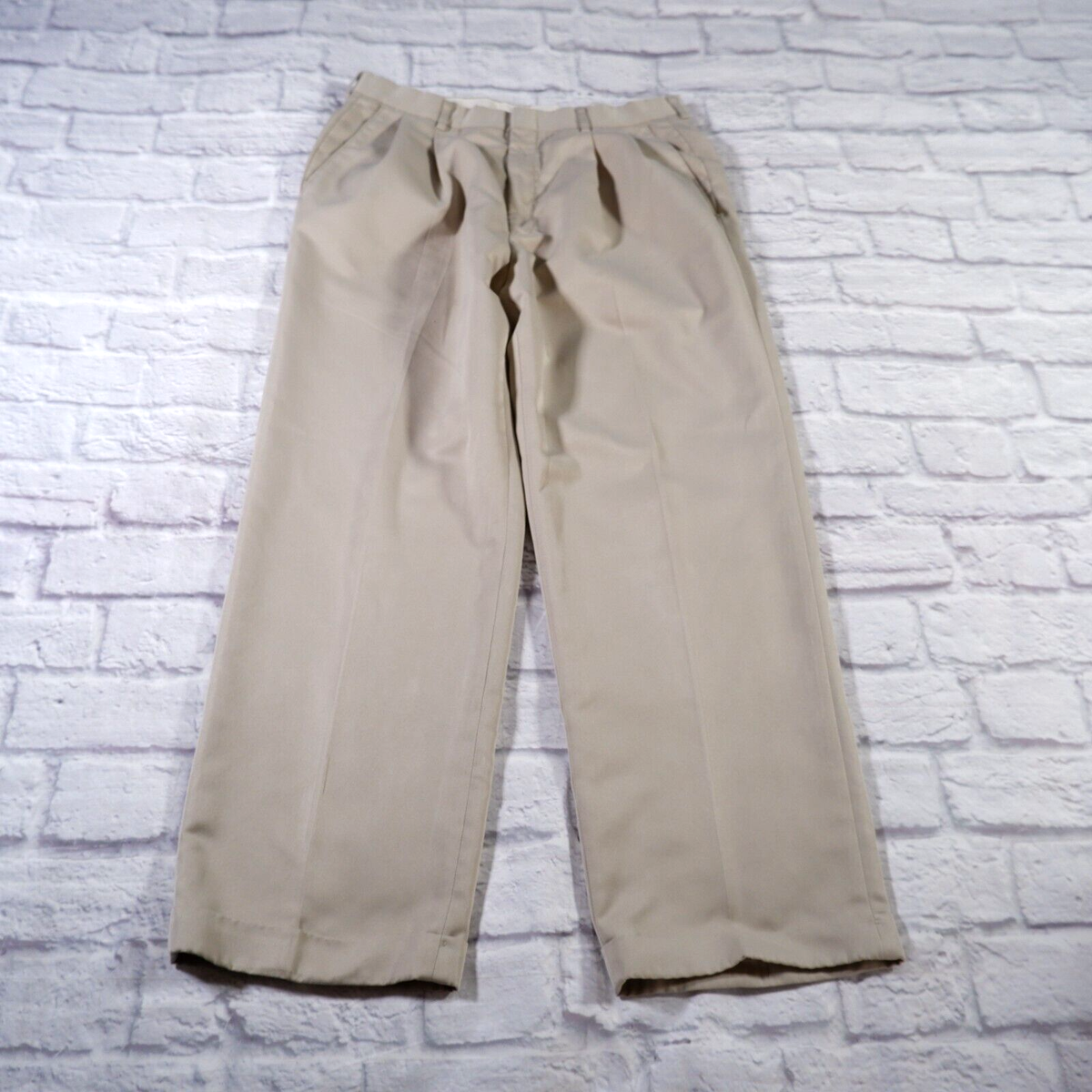 Haggar Collections Beige Pleated Cuffed Polyester Mens Dress Pants 33x30