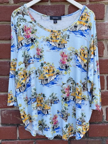 NWT Karen Kane Womens Sz 2X Plus Top 3/4 Sleeve Round Neck Travel Theme MSRP $99