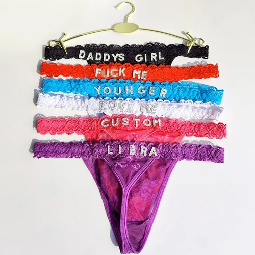 Women Custom Thong Panties Crystal Letter Lace Sexy Lingerie Summer Beachwear - Picture 4 of 9