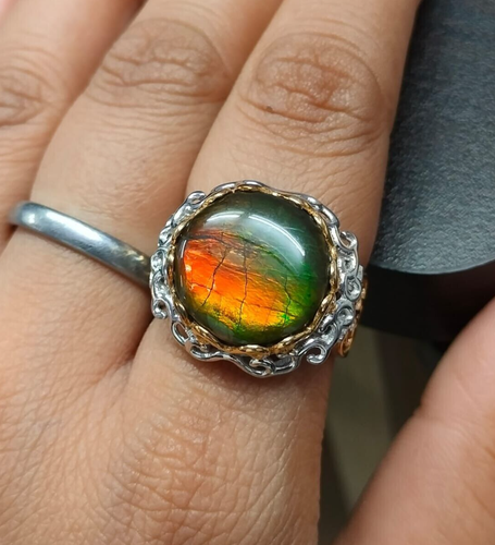Natural Round Ammolite Gemstone Cocktail Ring 925 Sterling Silver Women Jewelry - Picture 7 of 7