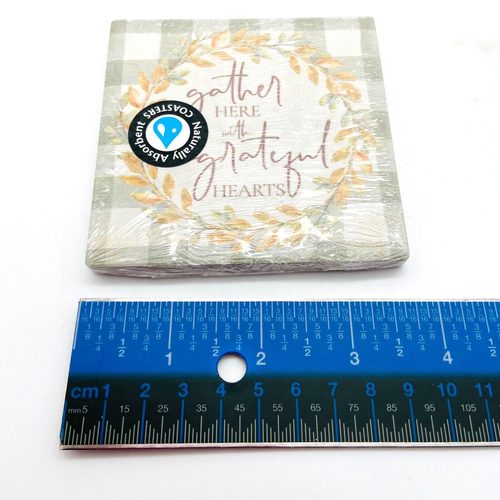Drink Coasters Stone w Cork Backing Set of 6 Fall Thanksgiving Square New in Pkg - Picture 4 of 4
