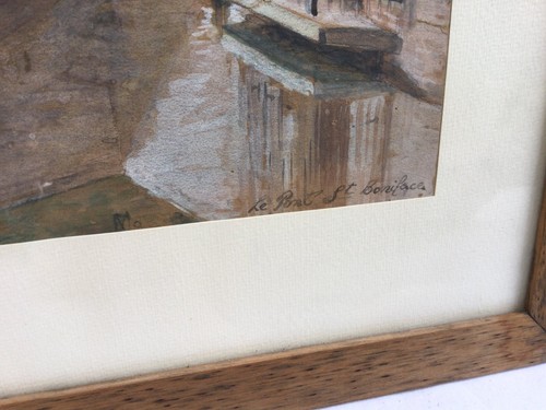 DIPINTO ACQUERELLO PONT ST. BONIFACE FIRMATO 1921 QUADRO CORNICE IN LEGNO - Imagen 3 de 8