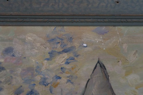 Vintage Painting Oil Board 18"x24” Sailboat on Lake Painting Framed after Monet - Bild 8 von 9