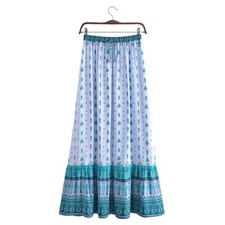 Ethereal Blue Gypsy Feather Floral Print Boho Maxi Skirt, Bohemian Hippie Skirt