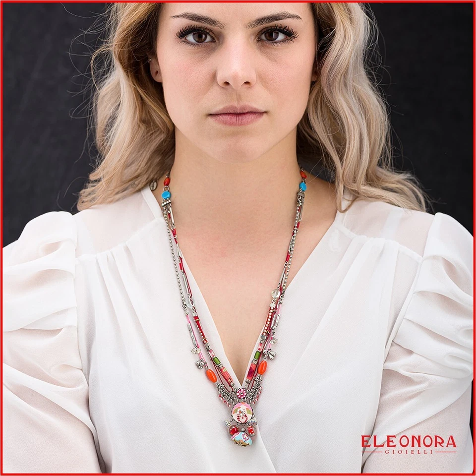 collana da donna in bigiotteria lunga con pietre naturali vetro collanina perle - Immagine 3 di 3