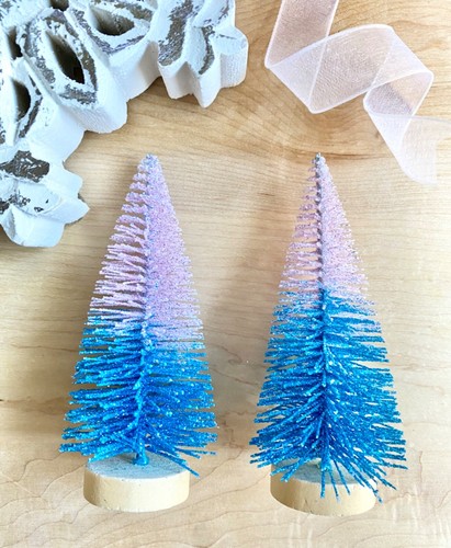 New Mini 4” Glittered Pink & Blue Two Tone Bottle Brush Christmas Tree Set of 2 - Picture 2 of 5
