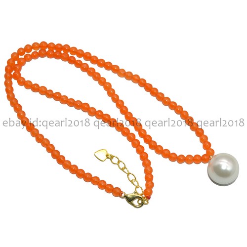 4mm Natural Assorted Gemstone 14mm Round White Shell Pearl Pendant Necklace 18'' - Picture 66 of 198