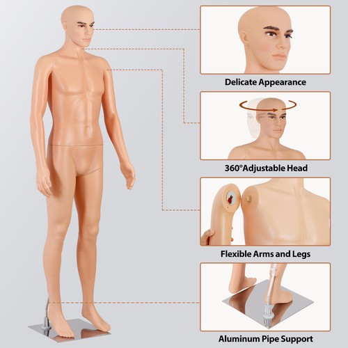73" Male Mannequin Full Body Realistic Form Clothing Model w/360° Rotating Head - Picture 7 of 24