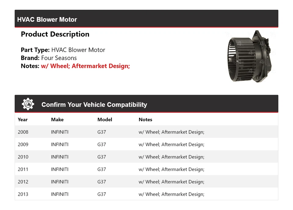 For 2008-2013 INFINITI G37 HVAC Blower Motor 4 Seasons 2009 2010 2011 2012 - Image 2 of 4