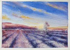 Lavender Field Sunset Original Signed Art 27cm x 19cm Watercolour Painting