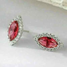 14K White Gold Plated 2Ct Marquise Cut Lab Created Red Ruby Stud Halo Earrings