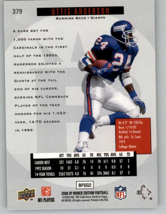 2008 SP Rookie Edition #379 Ottis Anderson 96 (ref 146636) - Image 2 of 2