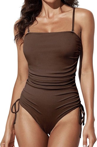 Aleumdr Women's Ribbed One Piece Tummy Control Swimsuit Cheeky Tie Side Size Sm - Picture 1 of 10