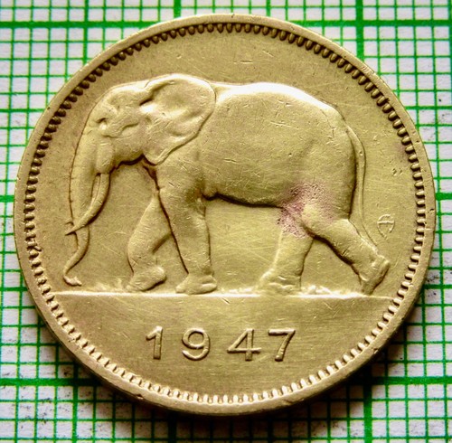 BELGIAN CONGO King LEOPOLD III 1947 2 FRANCS, ELEPHANT Brass Colonial Coinage - Picture 3 of 6