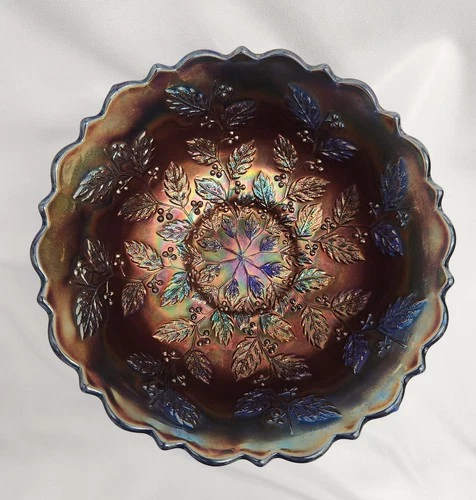 Fenton Blue Holly Carnival Glass Bowl 7 3/8" x 3" Tall - Excellent Condition