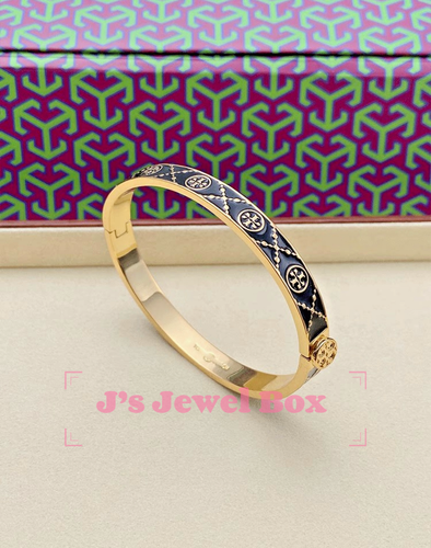 Must See! Tory, T Monogram Hinge Bracelet - Black/ Gold - Picture 2 of 11