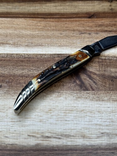 Rough Ryder Toothpick Folding Knife Damascus Steel Clip Blade Stag Bone Handle - Picture 4 of 6