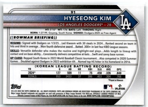 2025 Bowman Chrome Mega Mojo Refractor Hyeseong Kim Rookie Dodgers #91 - Picture 2 of 2