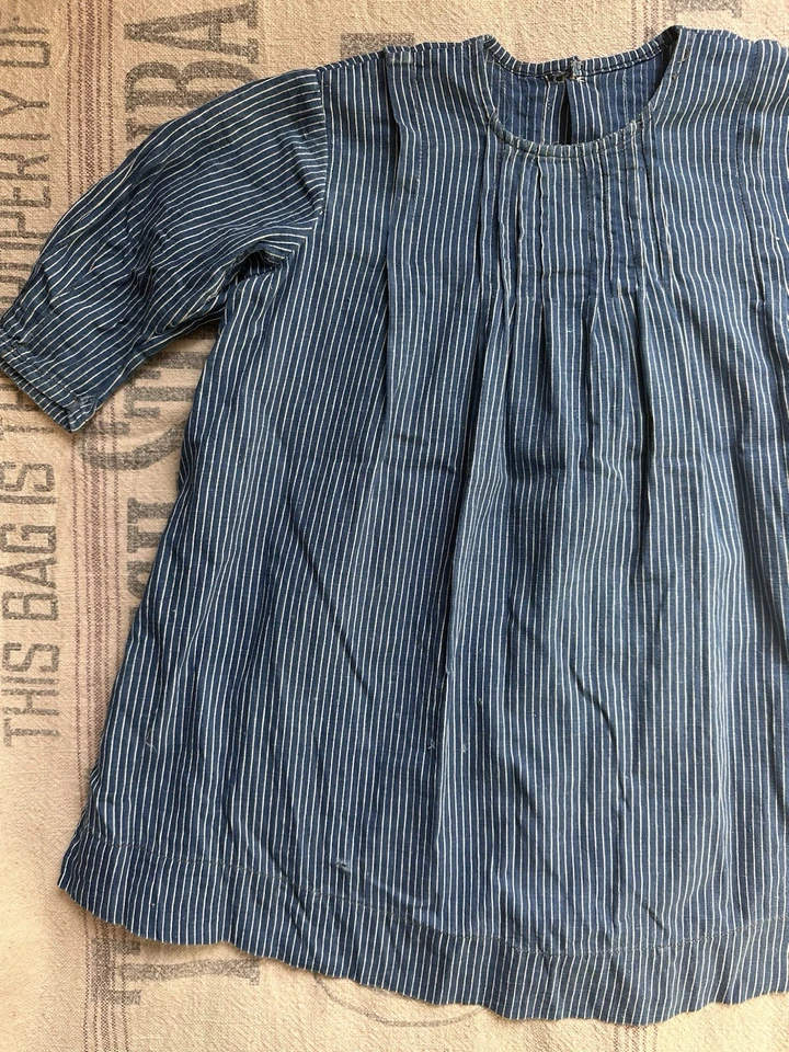 Antiguo vestido índigo para niños a rayas bebé niño pequeño Foto 2 de 4