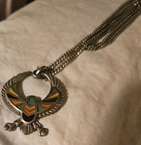 THUNDERBIRD EAGLE Native American~ Pewter Crown Marking Colored Enamel Necklace - Imagen 3 de 5