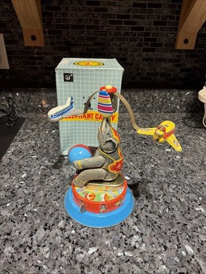 Tin Circus Toy Elephant Carry Plane With Box Wind Up Works