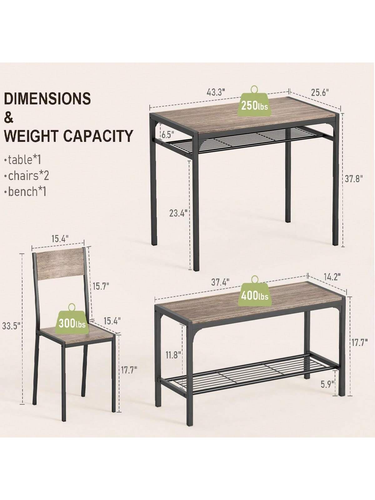 Space Saving 4 Piece Dining Table Set 2 Chairs Bench Home Office kitchen modern - Picture 9 of 15