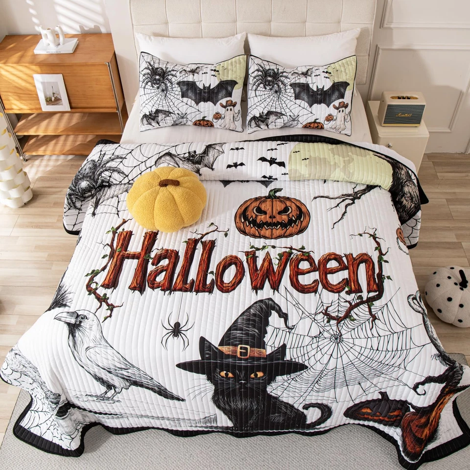 Juego de colcha de edredón de Halloween, 3 piezas tamaño queen Halloween murciélago gato negro... Foto 2 de 4