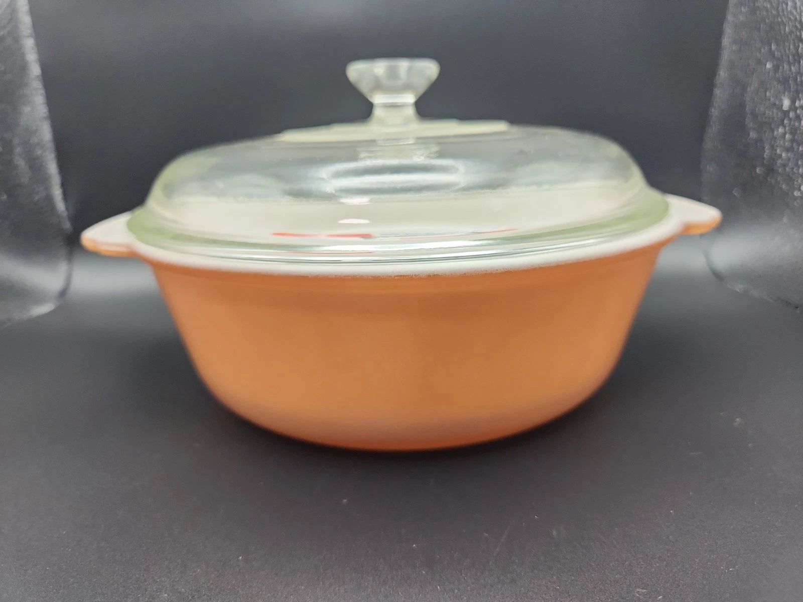 Fire King Clear Glass Orange Round Casserole 447 Non-Stick Coating USA 1.5qt NOS
