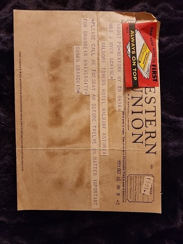SUSAN BRANDEIS 1951 Telegram TO WALDORF ASTORIA HILDE SCHINE BRANDEIS UNIVERSITY - Picture 2 of 6