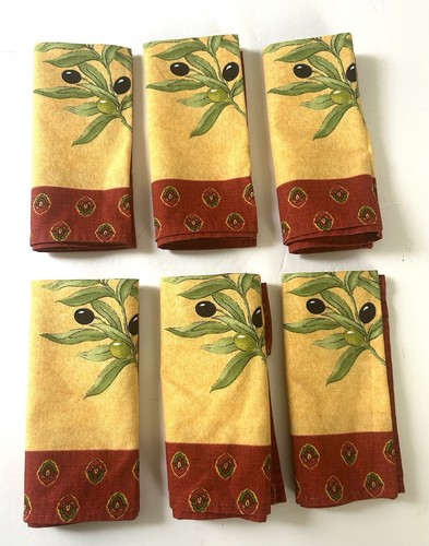 Olive Branch Cotton Cloth Dinner Napkins Set Of 6 Yellow Red 13.X13.5 French - Picture 2 of 3