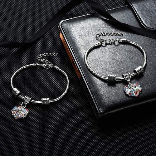 Set of 2 Crystal Heart Mom Daughter Charm Bracelet Jewelry Gift for Mother and D - Picture 3 of 6