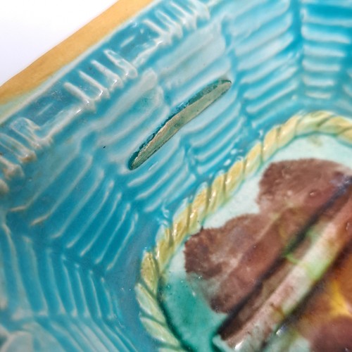 Antique English Majolica Pottery Turquoise Blue Basketweave Soap Dish 1880s Rare - Picture 6 of 17