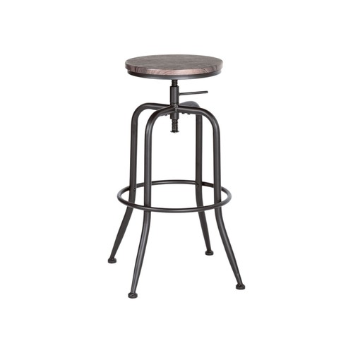Set of Two Brown And Black Solid Wood And Steel Swivel Backless Counter Heigh...