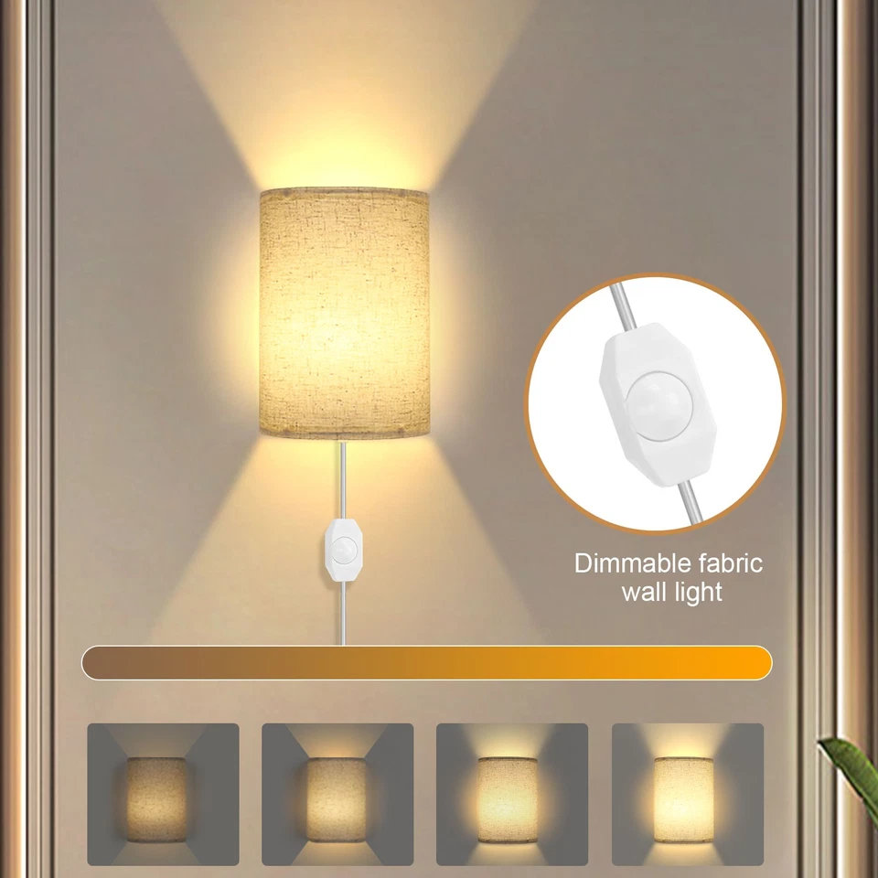 Paquete de 2 apliques de pared LED regulables arriba y abajo de tela interior decoración del hogar lámpara Foto 3 de 4