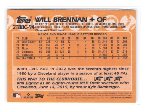 2023 Topps Will Brennan Chrome Silver Pack RC Rookie Card 2T88C-94 Guardians - Picture 2 of 2